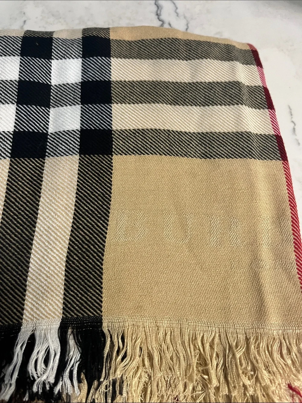 Burberry Beige Black White Check Fringe Scarf with Red Trim - Picture 2 of 5